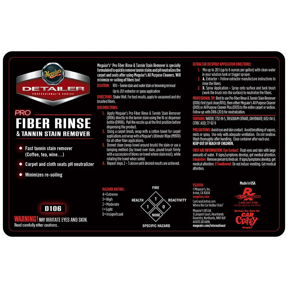 Meguiar's Bottle Label - Pro Fiber Rinse & Tannin Stain Remover #D106