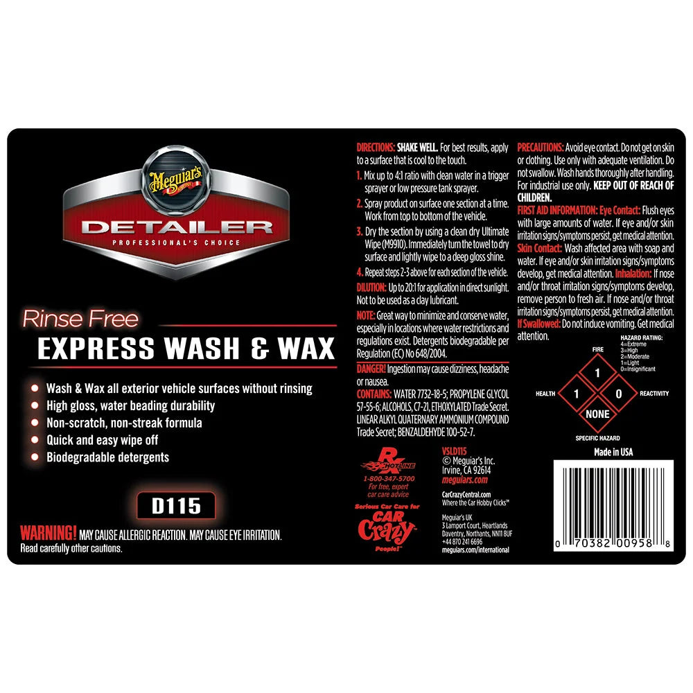 Meguiar's Bottle Label - Rinse Free Express Wash & Wax #D115